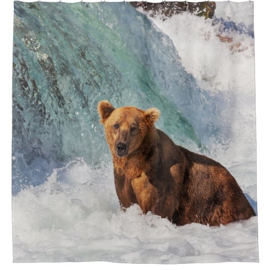 Bruin Beer Dierlijk Blauw Waterval Wildlife Douchegordijn (Voorkant)