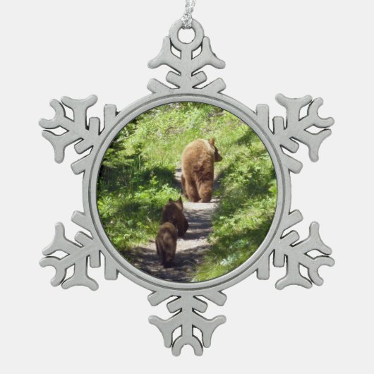 Bruin Beer familie Tin Sneeuwvlok Ornament (Voorkant)