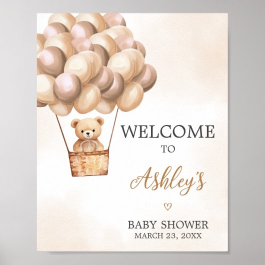 Bruin Beer Hete Luchtballon Baby shower Welkom Poster (Voorkant)