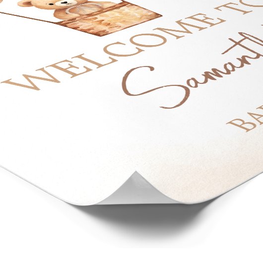 Bruin Beer Hete Luchtballon Baby shower Welkom Poster (Hoek)