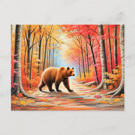 Bruin Beer in Herfstbos Pastel Chalk Art Briefkaart (Voorkant)