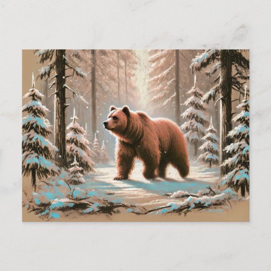 Bruin Beer in Snowy Forest Pastel Chalk Art Briefkaart (Voorkant)