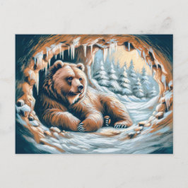 Bruin Beer in Winter Cave Pastelkrijttekening Briefkaart