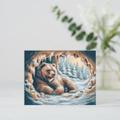 Bruin Beer in Winter Cave Pastelkrijttekening Briefkaart (Staand voorkant)