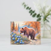 Bruin Beer met Bosbessen Pastel Chalk Art Briefkaart (Staand voorkant)