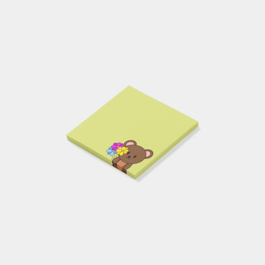 bruin Beer met een bundel bloemen Post-it® Notes (Schuin)