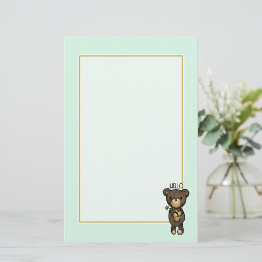 Bruin Beer met een gele bloem gezegde Hallo Briefpapier (Staand voorkant)