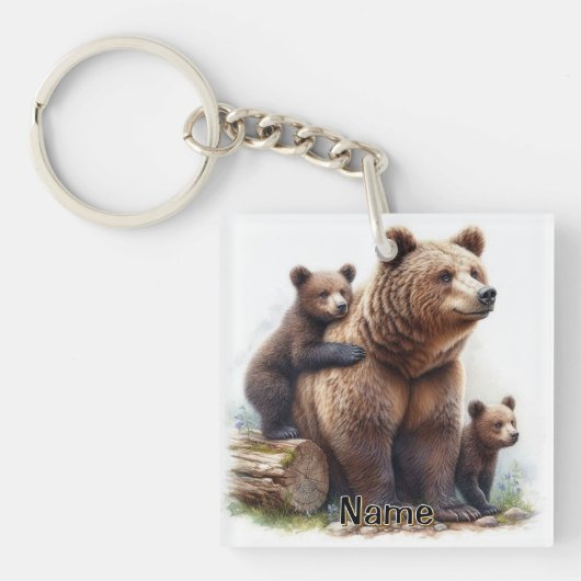 Bruin Beer met twee welpen Sleutelhanger (Voorkant)