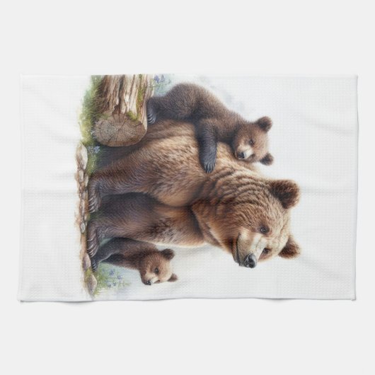 Bruin Beer met twee welpen Theedoek (Horizontaal)