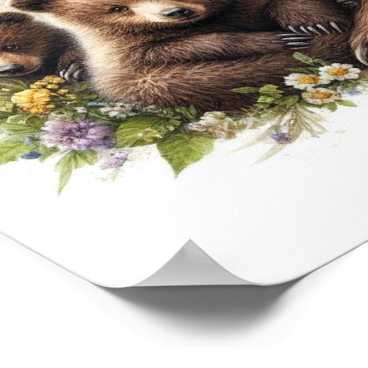 Bruin Beer met welpen in een bloemenweide Poster (Hoek)