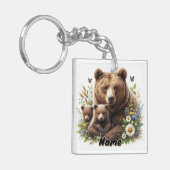 Bruin Beer met welpen in een bloemenweide Sleutelhanger (Voorkant Links)