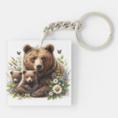 Bruin Beer met welpen in een bloemenweide Sleutelhanger (Achterkant)