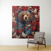 Bruin Beer Rode bessen William Morris Geïnspireerd Wandkleed (In situ)