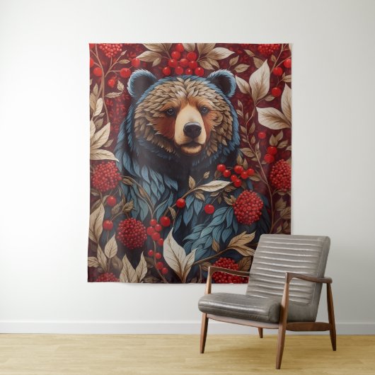 Bruin Beer Rode bessen William Morris Geïnspireerd Wandkleed (In situ)