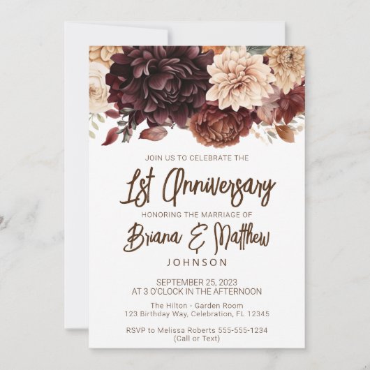 Bruin Beige Bloemen 1e Bruiloft Jubileum Kaart (Voorkant)