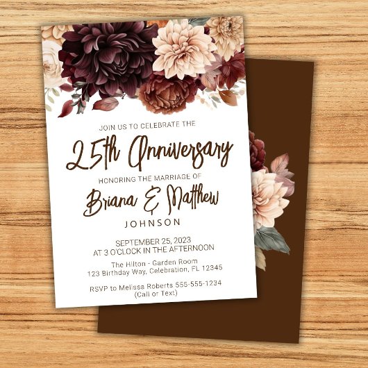 Bruin Beige Bloemen 25e Bruiloft Jubileum Kaart