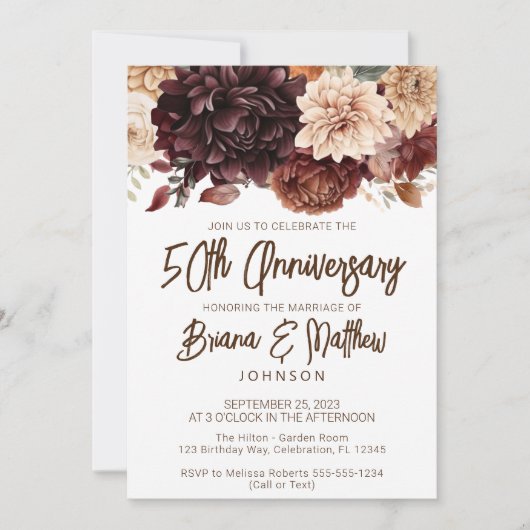 Bruin Beige Bloemen 50ste Bruiloft Jubileum Kaart (Voorkant)