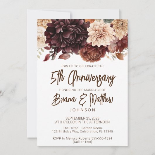 Bruin Beige Bloemen 5e Bruiloft Jubileum Kaart (Voorkant)