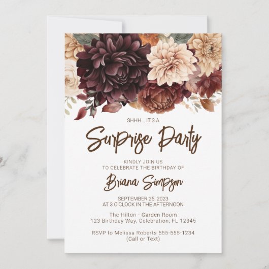 Bruin Beige Bloemen Verrassingsverjaardagsfeestje Kaart (Voorkant)