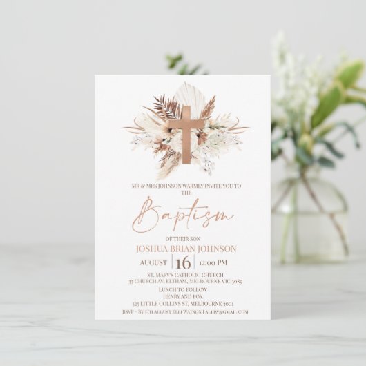 Bruin Beige Boho Floral Baptism Uitnodiging (Staand voorkant)