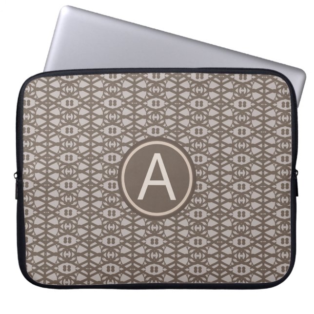 Bruin beige diamant patroon & monogram laptop sleeve (Voorkant)