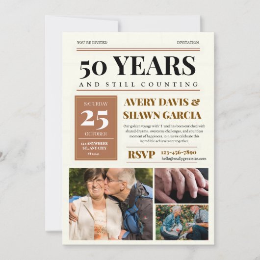 Bruin Beige Eenvoudig Raster Krant 50ste Jubileum Kaart (Voorkant)