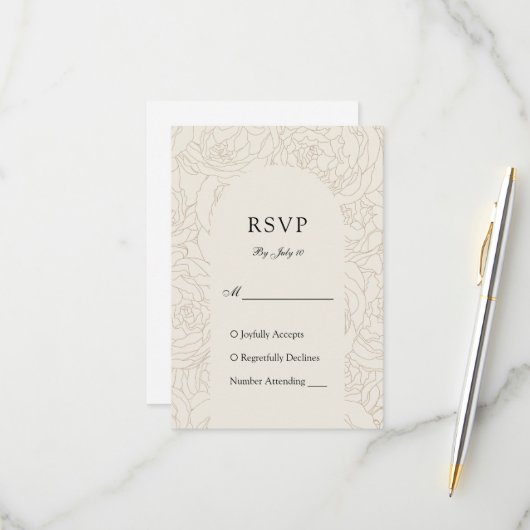 Bruin beige elegante bloemenbruiloft RSVP kaartje (Voorkant / Achterkant in situ)