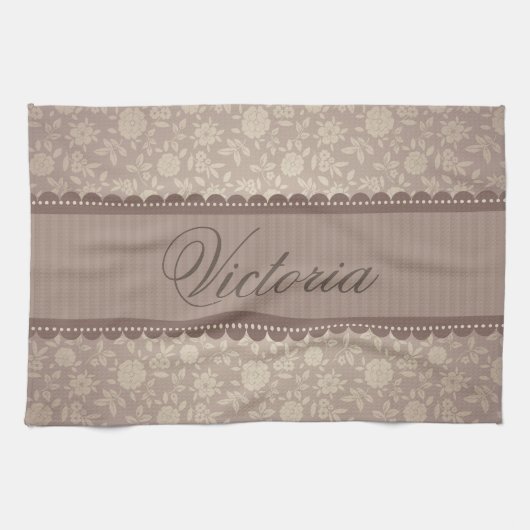 Bruin beige Flowers Patroon Aangepaste tekst Theedoek (Horizontaal)