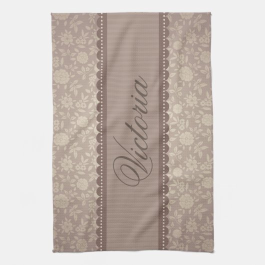 Bruin beige Flowers Patroon Aangepaste tekst Theedoek (Verticaal)