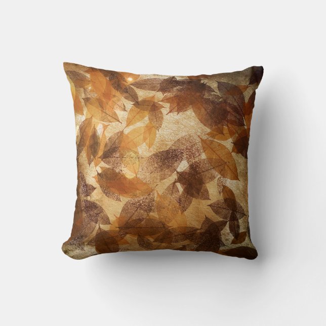 Bruin Beige Gold Leafs Autumn Linen Kussen (Voorkant)