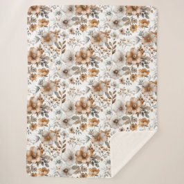 Bruin Beige Grijs Boho Bloem Bloemen Waterverf Sherpa Deken