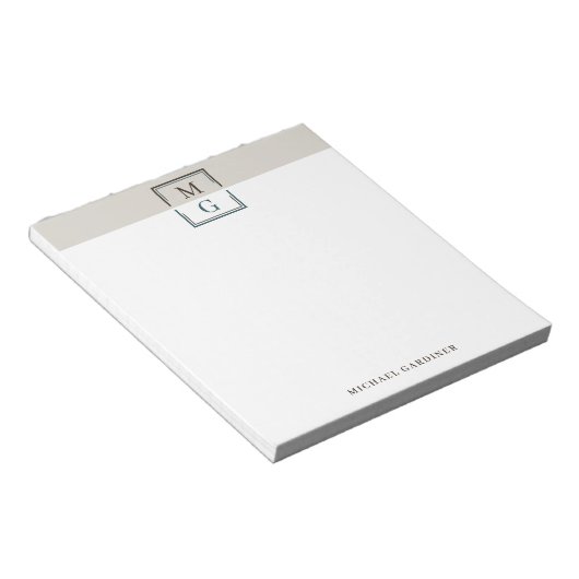 Bruin Beige Groen Schoon Manly Monogram & Naam Notitieblok (Schuin)