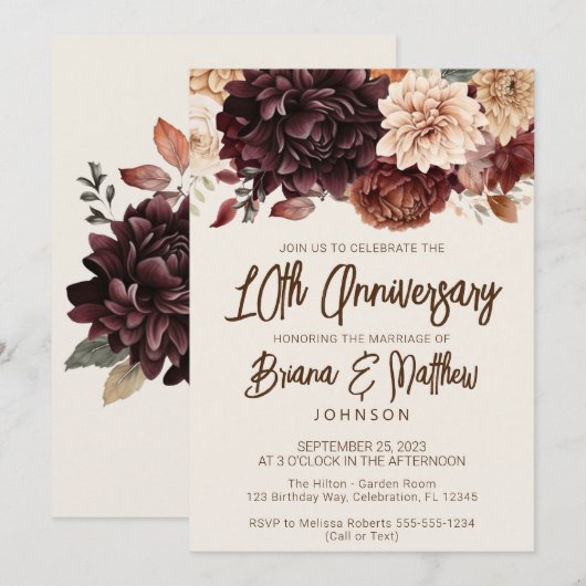 Bruin Beige Ivoor Bloemen 10e Bruiloft Jubileum Kaart (Voorkant / Achterkant)