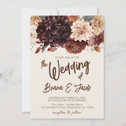 Bruin Beige Ivoor Bloemen Bruiloft Uitnodiging (Voorkant)