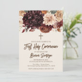 Bruin Beige Ivoor Bloemen Eerste Heilige Communie Kaart (Staand voorkant)