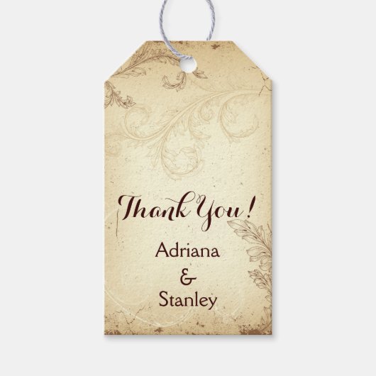 bruin, beige scroll leaf bruiloft dank u cadeaulabel (Voorkant)