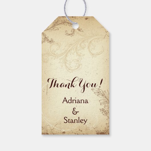 bruin, beige scroll leaf bruiloft dank u cadeaulabel (Achterkant)