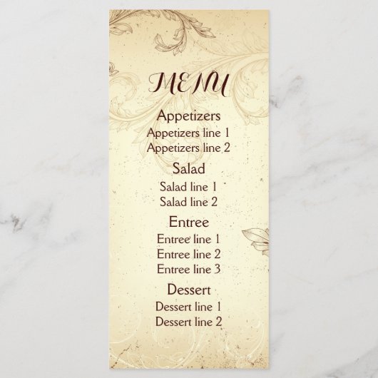 bruin, beige scroll leaf bruiloft menukaart (Achterkant)