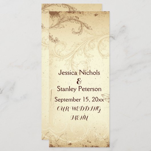bruin, beige scroll leaf bruiloft menukaart (Voorkant / Achterkant)