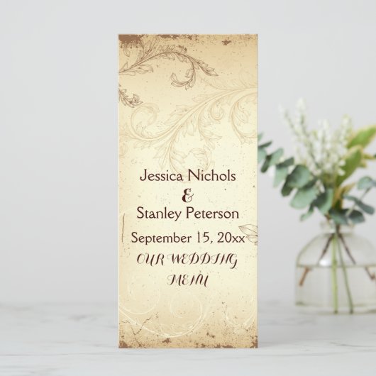  bruin, beige scroll leaf bruiloft menukaart (Staand voorkant)