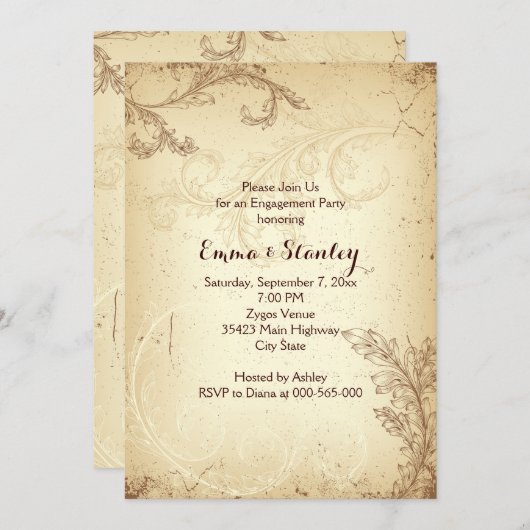  bruin beige scroll leaf verlovingsfeest kaart (Voorkant / Achterkant)