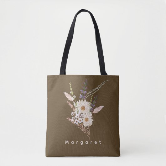 Bruin Beige Stijlvolle Bloemen Chic canvas tas (Voorkant)