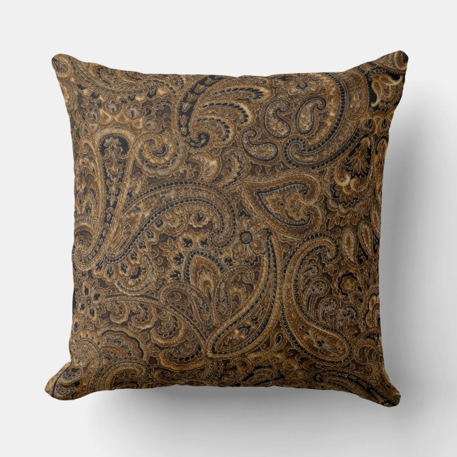 Bruin, Beige & Zwart Bloemen Paisley Patroon Kussen (Voorkant)