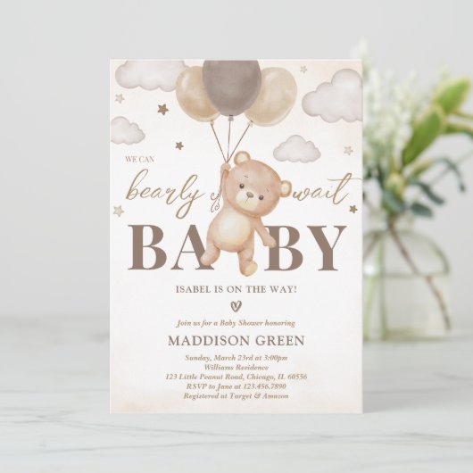 Bruin Beren ballon Baby shower Kaart (Staand voorkant)