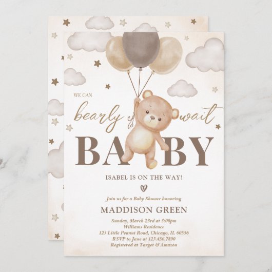 Bruin Beren ballon Baby shower Kaart (Voorkant / Achterkant)