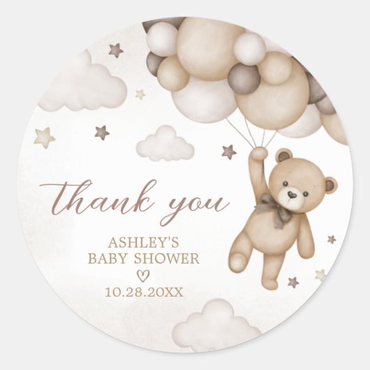 Bruin Beren ballon Baby shower Ronde Sticker (Voorkant)