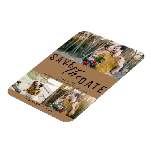 Bruin Bewaar de datum Bruiloft 3 Foto's Magneet (Linkerzijde)