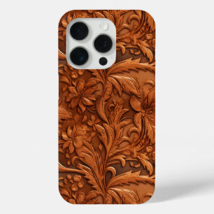 Bruin bewerkt 3-D leer bloemenpatroon iPhone 15 Pro Case