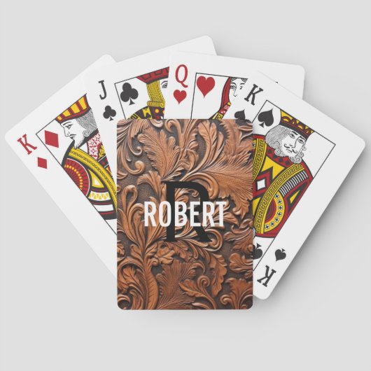 Bruin bewerkt leer monogram naam pokerkaarten (Achterkant)