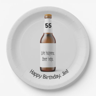 Bruin bierflesje voor 55e verjaardag papieren bordje